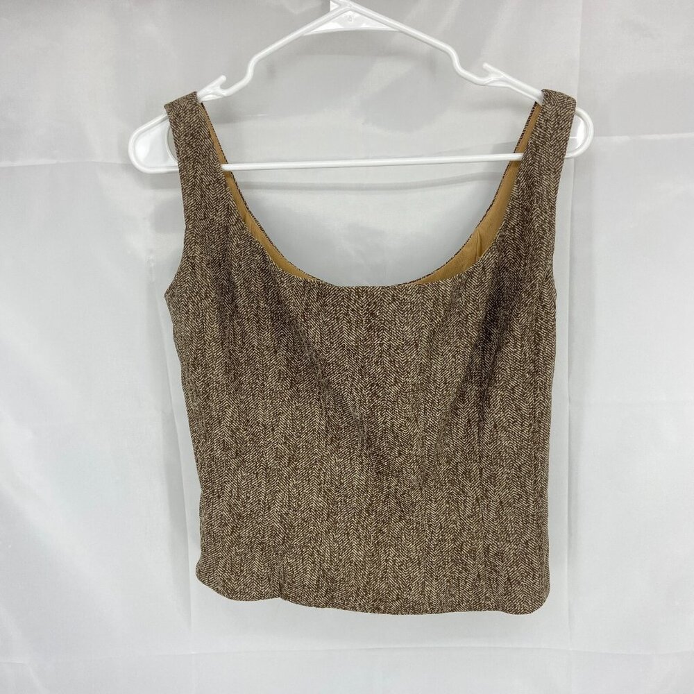 STAUD Women 16 Cropped Corset Top Mocha Brown Herringbone Round Neck Zip Back